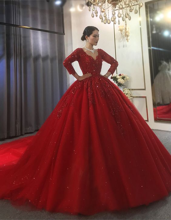 Red Tulle V-neck Long Sleeve Appliques Beading Wedding Dress Ball Gown –  Simplepromdress
